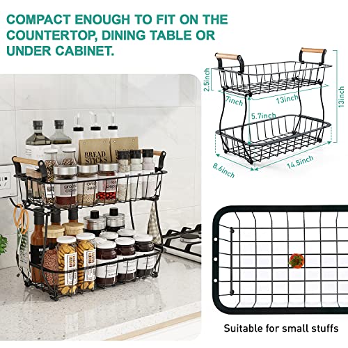 2 Tier Fruit Basket with 2 Banana Hangers, Countertop Fruit Vegetable Basket Bowl for Kitchen Counter Metal Wire Fruits Storage Stand Holder Organizer for Bread Snack Veggies Produce