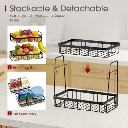 Fruit Basket for Kitchen Counter - 2-Tier Fruit Bowl with Removable Banana Hanger & Handles, Rustproof Fruit Holder for Kitchen, Living Room, Bathroom, 13.4"×8.7"×11.7", Black
