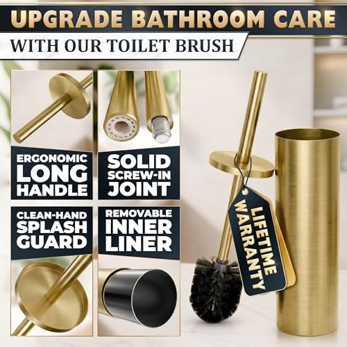 Stainless Steel Toilet Brush and Holder Set, Splash Guard (Gold) | Toilet Bowl Brush and Holder, Removable Inner Bowl, Dense Bristles, Long Handle, Scratch Resistant, for Modern Bathrooms