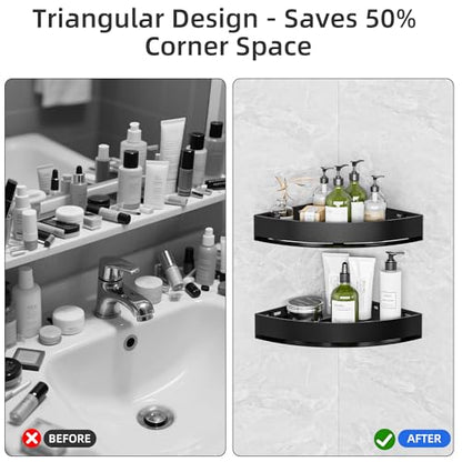 Black Corner Shower Caddy, Triangle Shower Shelf No Drilling, Metal | Rustproof Aluminium, Adhesive & Drill Installation, Wall Mounted, 2 Pack, Bathroom Shampoo Holder for Toiletries