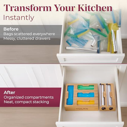 Bamboo Food Storage Bag Organizer for Drawer with Foil & Plastic Wrap Dispenser – 4 in 1 Premium Kitchen Drawer Organizer for Gallon, Quart & Sandwich Bags