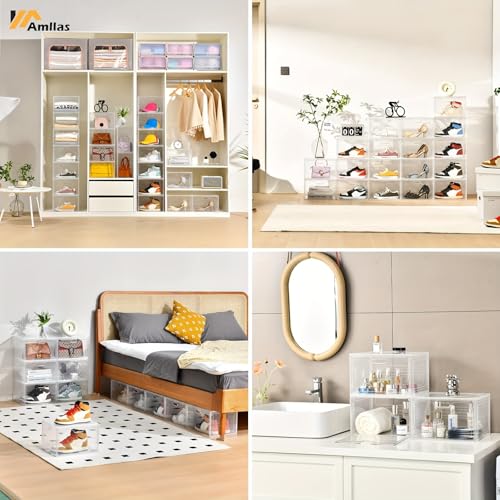 8 Pack Shoe Boxes Clear Plastic Stackable, Large Shoe Storage Organizer with Lids,Drop Side Shoe Containers for Entryway,Sneaker Storage Fit up to US Size 13 (13’’x 10.6”x 8.3”)