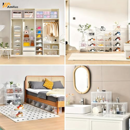 8 Pack Shoe Boxes Clear Plastic Stackable, Large Shoe Storage Organizer with Lids,Drop Side Shoe Containers for Entryway,Sneaker Storage Fit up to US Size 13 (13’’x 10.6”x 8.3”)
