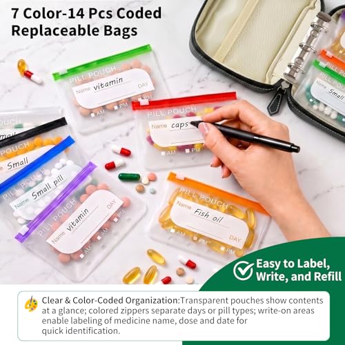 Waterproof Pill Organizer Set, 7-Day AM/PM Weekly Medication Case with 14 Pouches (7 Distinct Colors), Travel Waterproof Pill Pouch, BPA-Free Compact Zippered Storage Binder for Travel, Daily (Black)