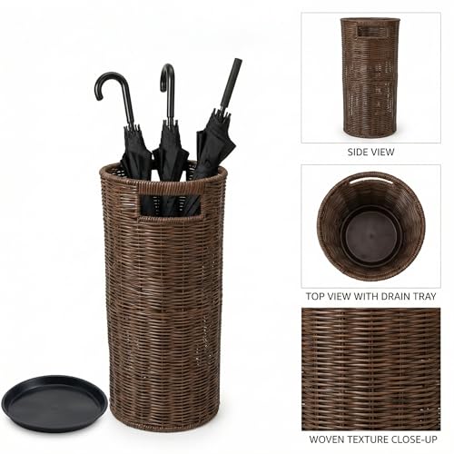 Rattan Umbrella Holder for Entryway with Drip Tray, Round Umbrella Stand for Indoor & Outdoor, Tall Wicker Basket for Storage, Woven Organizer for Home, Office, Hotel, Shop, Brown