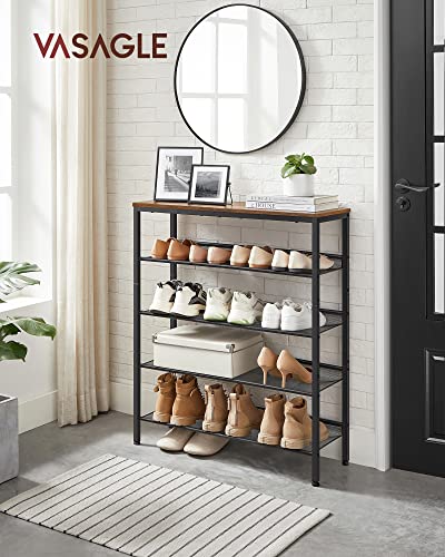 VASAGLE Shoe Rack for Entryway, Freestanding, Adjustable, Industrial | 5-Tier Shoe Rack Organizer with Storage Shelves and Spacious Top, Rustic Brown and Ink Black ULBS038B01