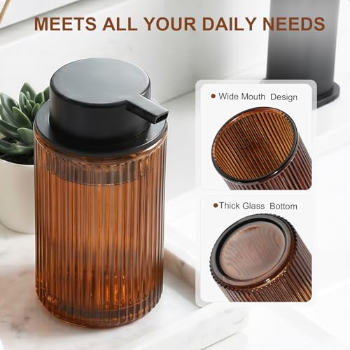 Foaming Soap Dispenser, Amber Glass Foam Hand Soap Dispenser for Bathroom, 11 Fl Oz Ribbed Refillable Foaming Pump Bottle with Black Pump, Modern Dish Soap Foam Dispenser