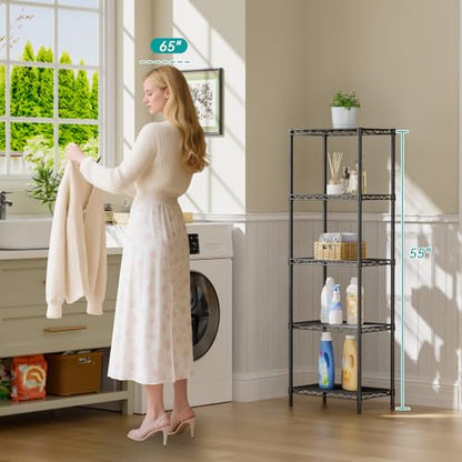 Metal Shelves Wire Shelving Storage Standing Adjustable Shelf Unit | 5 Tier Mesh Units Shelf for Kitchen Laundry Bathroom Closet Organizers Pantry Narrow Home Rack 10" D x 16" W x 55" H Black