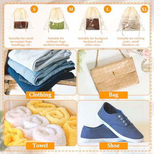 SHENLIU 16 Pcs Dustproof Drawstring Bags, 4 Sizes Beige Transparent Design Purse Dust Storage Bags Non Woven Fabric Cloth Pouch String Packing Organizer Shoe Pouch Handbags Covers