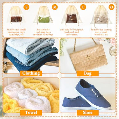SHENLIU 16 Pcs Dustproof Drawstring Bags, 4 Sizes Beige Transparent Design Purse Dust Storage Bags Non Woven Fabric Cloth Pouch String Packing Organizer Shoe Pouch Handbags Covers