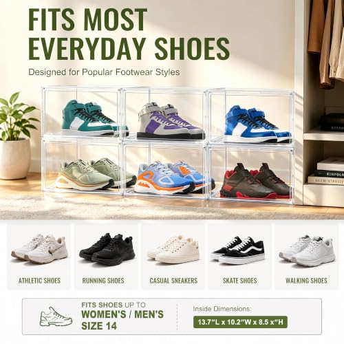Clear Acrylic Shoe Box Size 14, Stackable Everyday Footwear Storage | Fits size 14 sneakers,casual shoes and athletic footwear. Clear acrylic design with magnetic door & dustproof storage.1 Pack