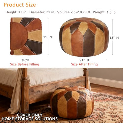 Thgonwid Unstuffed Moroccan Faux Leather Pouf Ottoman Cover with Storage - Boho Chic Multi-Use Footrest for Living Room, Bedroom, Patio - Round Ethnic Floor Cushion & Decorative Accent, Tricolor