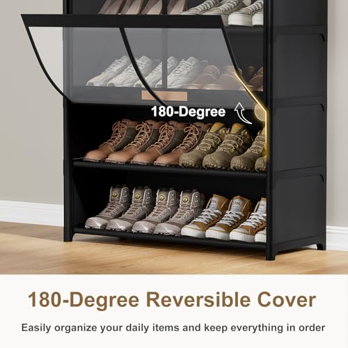 7 Tier Shoe Cabinet with Doors, 24-Pair Storage, Black | Tall design saves floor space. Transparent doors for quick find. Adjustable layers for boots. Waterproof & easy wipe.