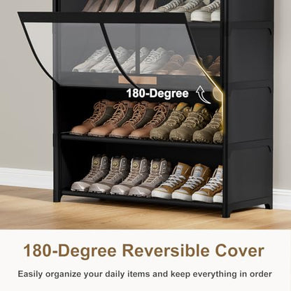 7 Tier Shoe Cabinet with Doors, 24-Pair Storage, Black | Tall design saves floor space. Transparent doors for quick find. Adjustable layers for boots. Waterproof & easy wipe.