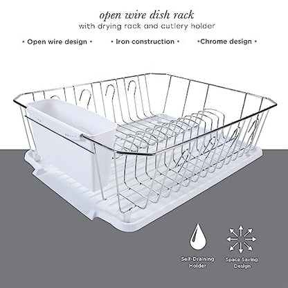 Kitchen Details 3 Piece Dish Rack | Drying Rack, Cutlery Basket & Drainboard Tray | Countertop | Self Draining | Open Wire Design | Chrome | White