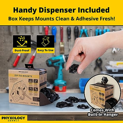 Rugged, Stylish Adhesive XL Zip Tie Mounts 100 Pack. Premium 1.5in Sticky Back Ziptie, Cord, and Cable Management Anchor Clips. Easy Peel and Stick Mounting Bases With Hanging Organizer Box Dispenser