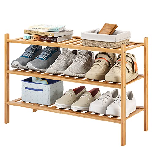 3-Tier Bamboo Shoe Rack for Entryway, Stackable | Heavy Duty | Multi-Function, Free Standing Shoe Racks for Bedroom Hallway Closet