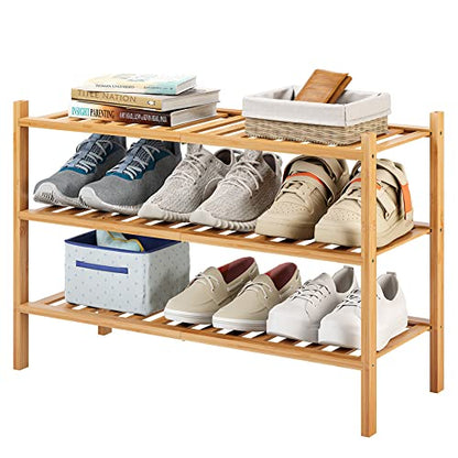 3-Tier Bamboo Shoe Rack for Entryway, Stackable | Heavy Duty | Multi-Function, Free Standing Shoe Racks for Bedroom Hallway Closet