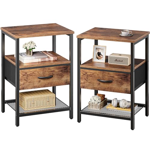 Nightstand Set of 2, Night Stand with Fabric Drawe... (2 Count | Rustic Brown)