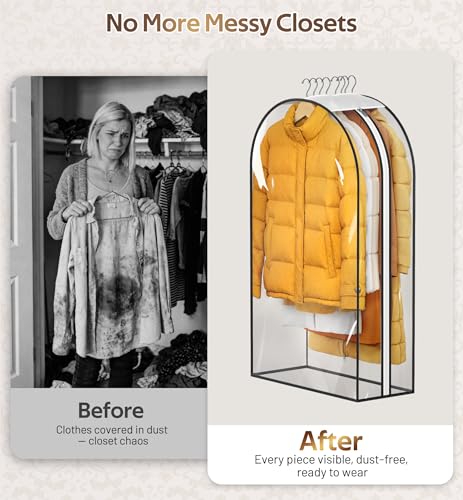 MISSLO 10" Gusseted All Clear Garment Bags for Hanging Clothes 3 Packs 40" Suit Bags for Closet Storage Hanging Clothes Storage Suit Cover for Shirts, Coats, Dresses