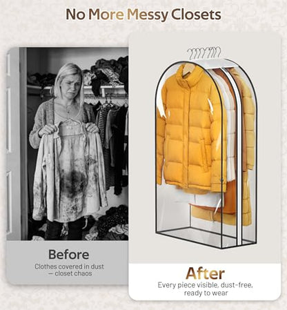 MISSLO 10" Gusseted All Clear Garment Bags for Hanging Clothes 3 Packs 40" Suit Bags for Closet Storage Hanging Clothes Storage Suit Cover for Shirts, Coats, Dresses