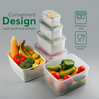 5 Set Fruit Storage Containers for Fridge with Colander, Produce & Veggie