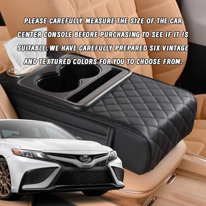 Car Armrest Cushion, 5 in 1 Center Console Cover with 2 Cup Holders, Phone Holder, Tissue Holder, Storage Bag, Multifunctional Leather Heightened Car Armrest Cushion for Most Cars（Black