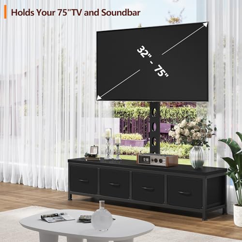 TV Stand with Mount & 4 Drawers, Entertainment Center | Modern Media Console up to 75 inch TV, Fabric Dresser TV Stand for Living Room Bedroom