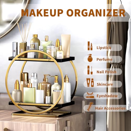 Makeup Organizer Vanity, Black Gold Perfume Organizer for Dresser | 2-Tier Bathroom Counter Organizers, Bathroom Countertop Shelf, Skincare Storage Perfume Stand, Vanity Trays Cosmetic Display