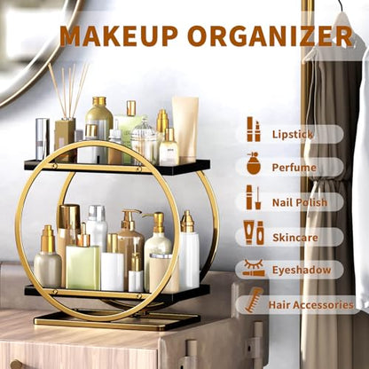Makeup Organizer Vanity, Black Gold Perfume Organizer for Dresser | 2-Tier Bathroom Counter Organizers, Bathroom Countertop Shelf, Skincare Storage Perfume Stand, Vanity Trays Cosmetic Display