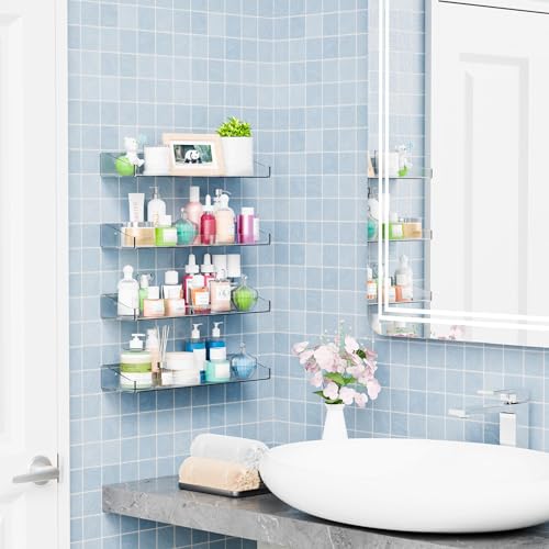 4 Pack Adhesive Clear Bathroom Shower Shelves,No Drill Acrylic Shower Wall Caddy,Bathroom Shelf,Floating Shelves for Inside Shower Wall Organizer and Storage for Makeup,Perfume,Shampoo Holder