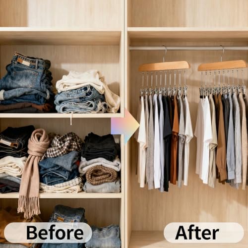 2 Pack Legging Organizer for Closet, Wooden Pants Hangers with 10 Clips | Holds 20 Jeans, Skirts, Underwear, Panties, Space Saving Hangers for Wardrobe Storage & Organization