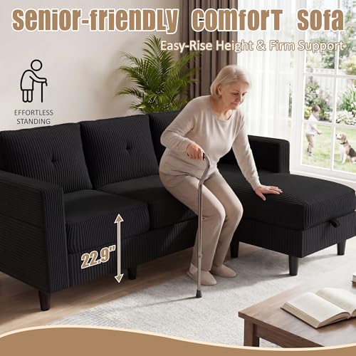77" L-Shaped Corduroy Sectional Sofa with Storage Ottoman, Black