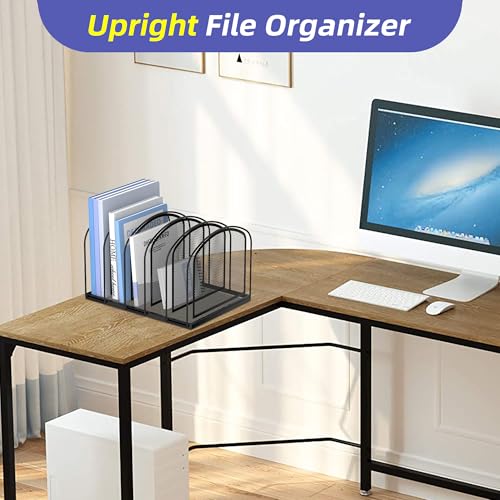 5-Section File Organizer for Desk, Metal File Folder Holder, Black | 5 Vertical Compartments with Sturdy Metal Base for Office Documents Books Magazines and Laptop