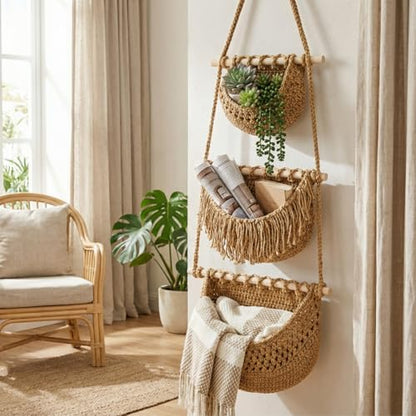 Lawei 3 Tier Hanging Fruit Basket, Wall Hanging Vegetable Fruit Baskets Cotton Woven Storage Baskets for Organizing, BOHO Wall Basket Decor, Over the Door Organizer for Kitchen, Bedroom, Bathroom