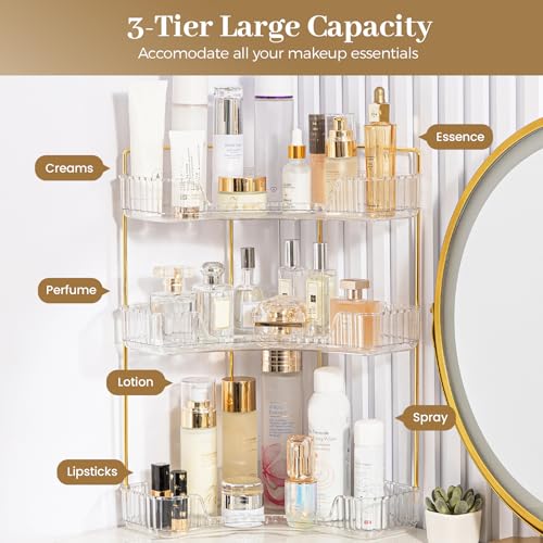 Aveniee Corner Bathroom Counter Organizer, Bathroom Countertop Shelf Makeup Storage, Clear Perfume Tray Holder (3 Tiers, White)