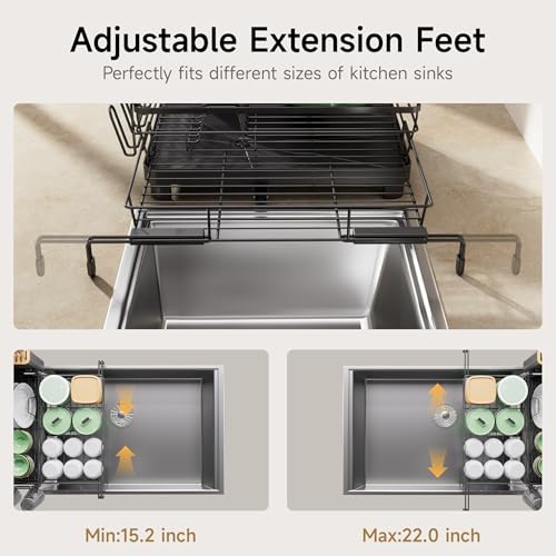 Dish Drying Rack - Expandable Large Dish Rack Over Sink | Drying Dish Drainer for Kitchen Counter, Stainless Steel Dish Strainer with Utensil Holder & Cup Holder, Black