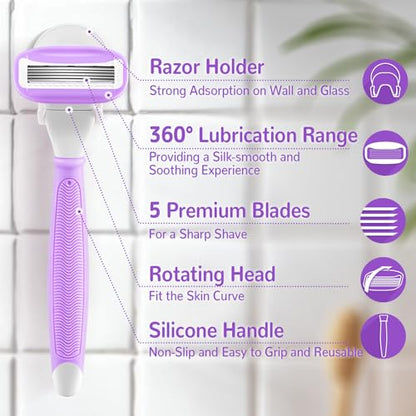 Razors for Women with 2 Handles 14 Cartridges and a Shower Holder, Purple | 5 Premium Blades Women's Razors for Shaving with 360° Lubrication Reduces Irritation