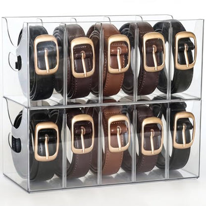 Belt Organizer - 2 Pack Clear Stackable Belt holder For Closet Drawer Storage - 5 Compartments with Removable Dividers, Multi-Purpose Display Bins With Inserts For Ties,Socks,underwear (2)