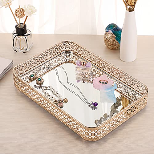 ELLDOO Gold Mirror Glass Perfume & Makeup Vanity Tray, Medium Size | Hollow-Carved Jewelry Storage, Metal Trinket Organizer for Dresser Bathroom Countertop Home Decor