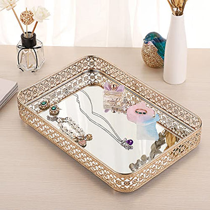 ELLDOO Gold Mirror Glass Perfume & Makeup Vanity Tray, Medium Size | Hollow-Carved Jewelry Storage, Metal Trinket Organizer for Dresser Bathroom Countertop Home Decor