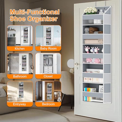 Over The Door Organizer - Over Door Storage Organizer with 5 Large Pockets & 10 Mesh Side Compartments - Heavy-Duty Hanging Storage for Bathroom, Bedroom & Closet - Baby Room Organize - Grey