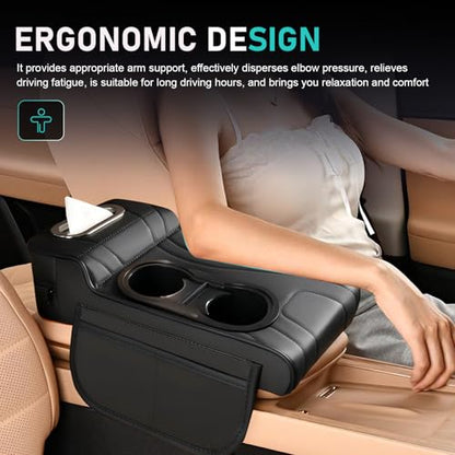 Car Center Console Cover, Microfiber Leather Car Armrest Cover, Multifunctional Armrest Storage Box with 2 Storage Bags, Cup Holders, Tissue Box Slot, Universal for Most Cars (Black)