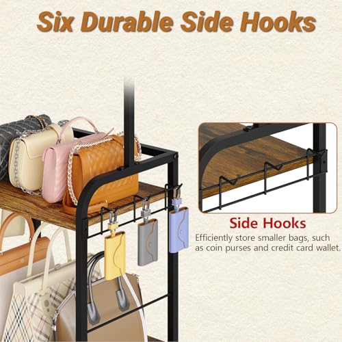 Floor-Standing Purse Organizer for Closet, Tall Handbag Storage Rack | 3-Tier Storage: Five top hangers and six side hooks hold bags and accessories; 15.35-inch width fits closets and corners.