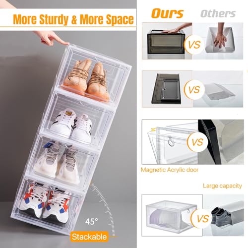 Attelite Shoe Storage Boxes Stackable Clear Shoe Organizer Cabinet,6 Pack | Shoe Box for Entryway Closet,Thicken Sturdy Durable Plastic,Fit up to Men's Size 12,Tool-free Assembly,Magnetic Door
