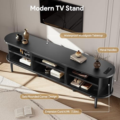 Decofy Mid Century TV Stand for TVs up to 90 Inches, Entertainment Center with Storage, Power Outlet, Fluted Sliding Doors & Adjustable Shelves, Modern Media TV Console Table for Living Room (Black)