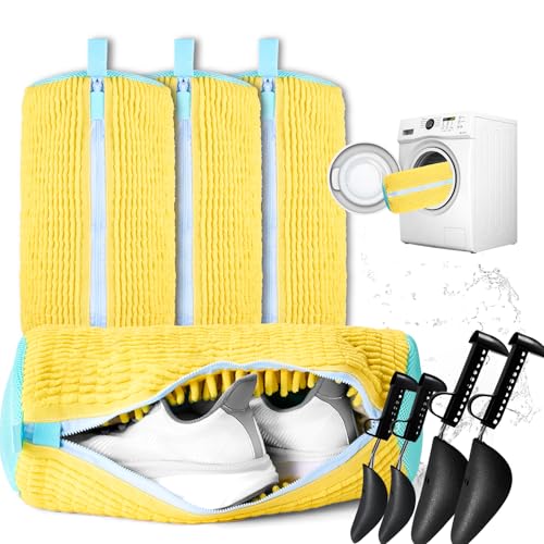 Shoe Washing Machine Bag, 4 Pcs Shoe Laundry Bag for Sneacker | With 4 Boot Stretcher (L 6-12.5 & S 5-10.5), Reusable,Durable Zipper,360°Deep Cleaning, Fit Most Shoes Types