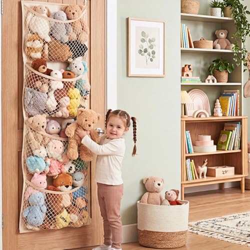 Cotton Over The Door Stuffed Animal Storage | Toy Organizer for Storage Plush Toys, Stuffed Animal Holder with 4 Large Pockets, Hanging Door Organizer for Nursery