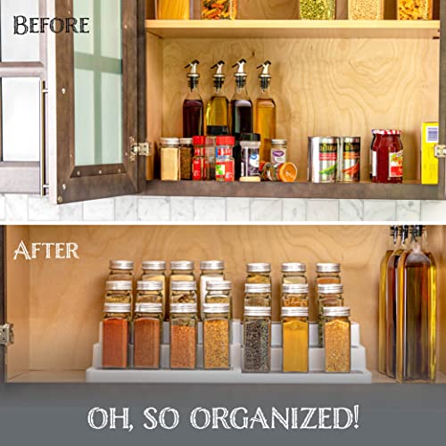 Oizeir Plastic 3-Tier Expandable Spice Rack, Adjustable Length, Stability with Non-Skid Shelf, For Easy Visibility, Organizer for Kitchen Cabinet, Pantry or Countertop, (2-Pack), White/Grey
