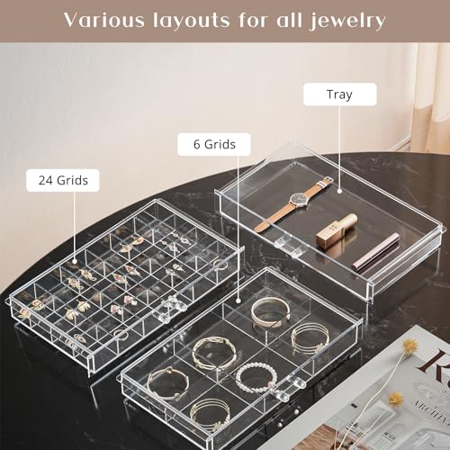 ProCase Acrylic Earrings Holder Organizer Box -Clear, 5 Layers | 79 Jewelry Storage Grid Large Clear Compartments Transparent Stackable Drawers Jewelry Display for Earring Ring Bracelet